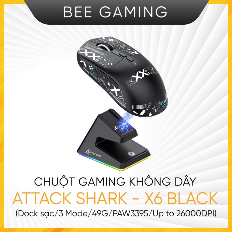 Chuột gaming không dây Attack Shark X6 màu đen kèm dock sạc